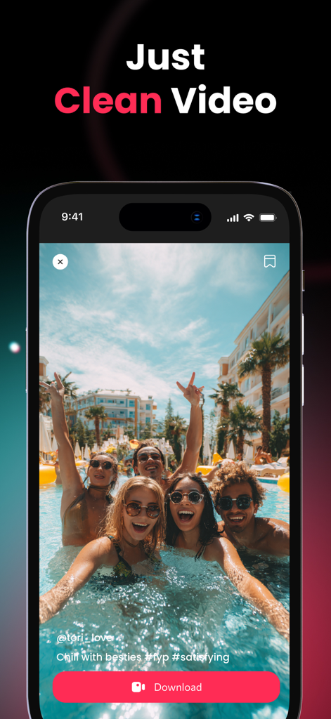 Tik Saverアプリのインターフェース。クリーンなビデオプレビューとダウンロードボタンを表示しています。