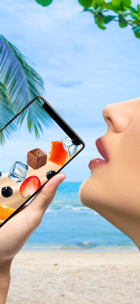 Boba Recipe DIY: Bubble Tea - A person simulating drinking a virtual bubble tea with fruit and ice cubes from a smartphone screen