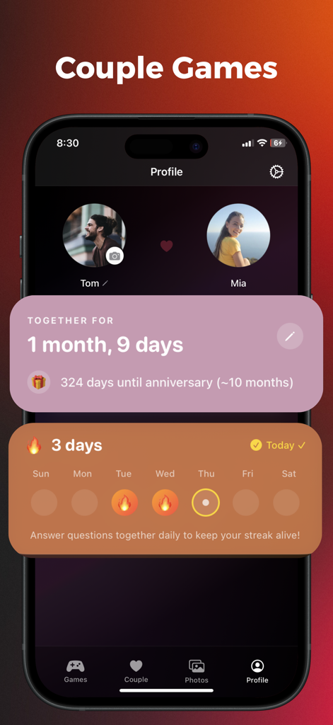 Lovely - Couple Games - Interfaz de perfil de la aplicación Lovely que muestra la duración de la relación y la racha de preguntas diarias