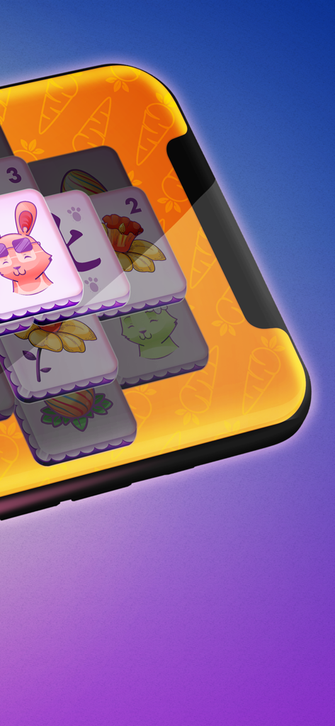 Mahjong Gold - Majong Master - Nahaufnahme des Mahjong Gold-Gameplays mit süßen illustrierten Kacheln auf einem lebendigen Karottenmuster-Brett