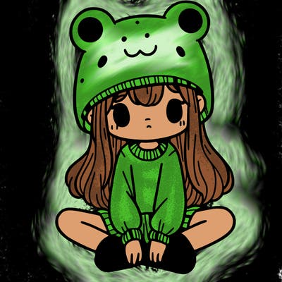 a girl wearing a frog hat and some frog socks