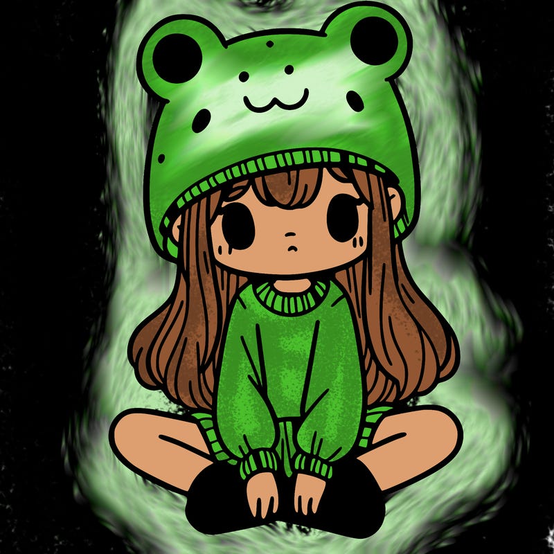 a girl wearing a frog hat and some frog socks