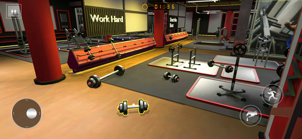 Vista 3D de un área de levantamiento de pesas con mancuernas y equipamiento de gimnasio en Gym Simulator Fitness Tycoon