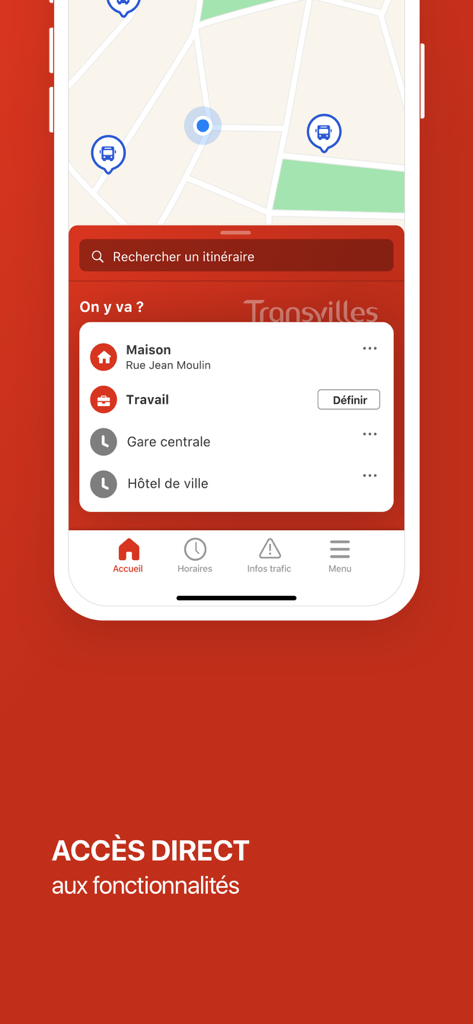 Transvilles-Valenciennes - Écran de l'application Transvilles Valenciennes montrant un accès direct aux itinéraires favoris et une carte
