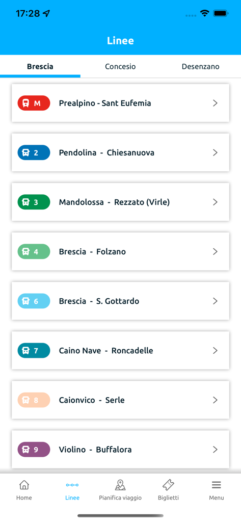 Elenco delle linee di trasporto pubblico a Brescia all'interno dell'app mobile Bresciapp