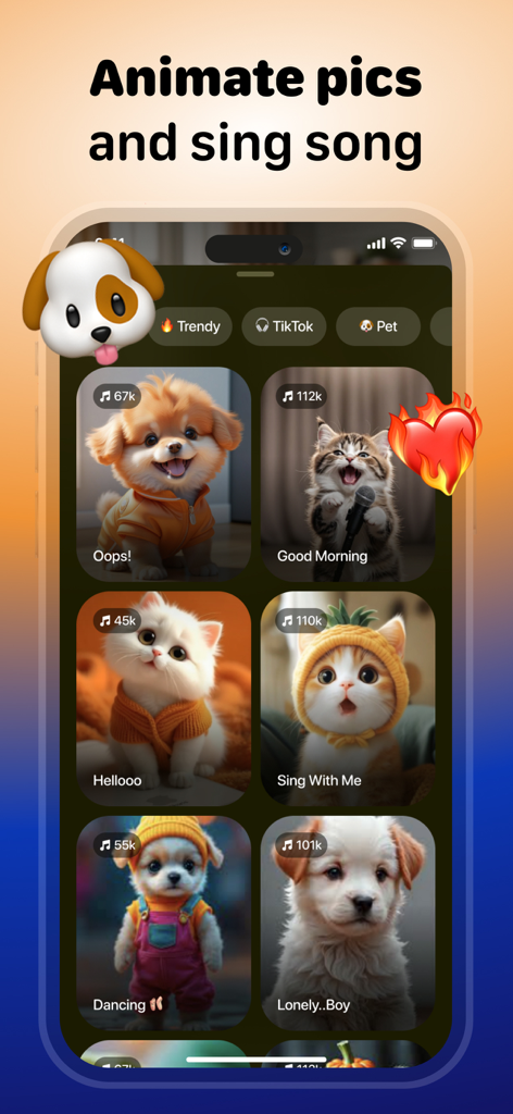 Pet Videos: Cat,Dog Translator - キャプション付きの歌う猫と犬の動画テンプレートのアニメーションライブラリを示すモバイルアプリのインターフェース