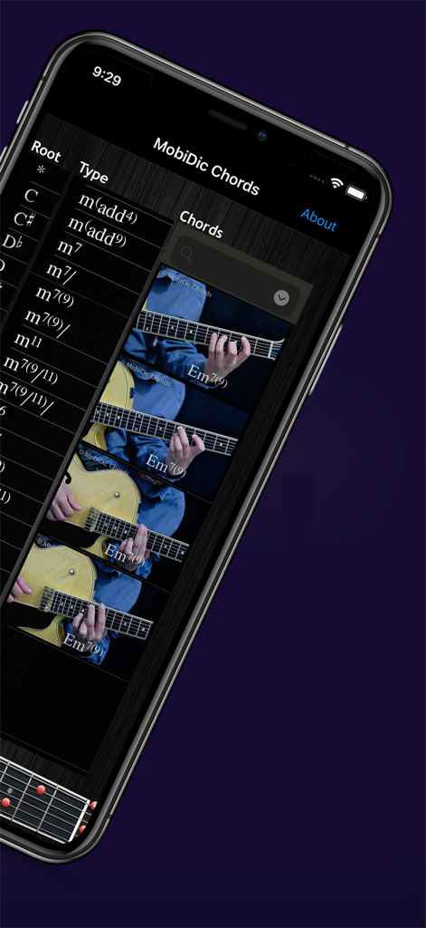 Mobidic Guitar Chords - Smartphone screen showing Mobidic Guitar Chords app with lists of chords and real photos of hand positions on a guitar