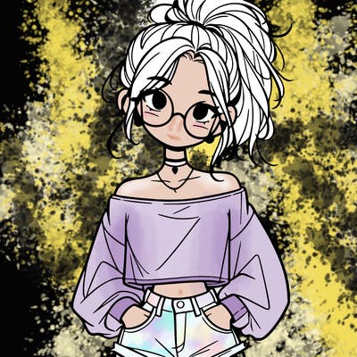 girl with a messy ponytail glasses a baggy crop top and jean shorts