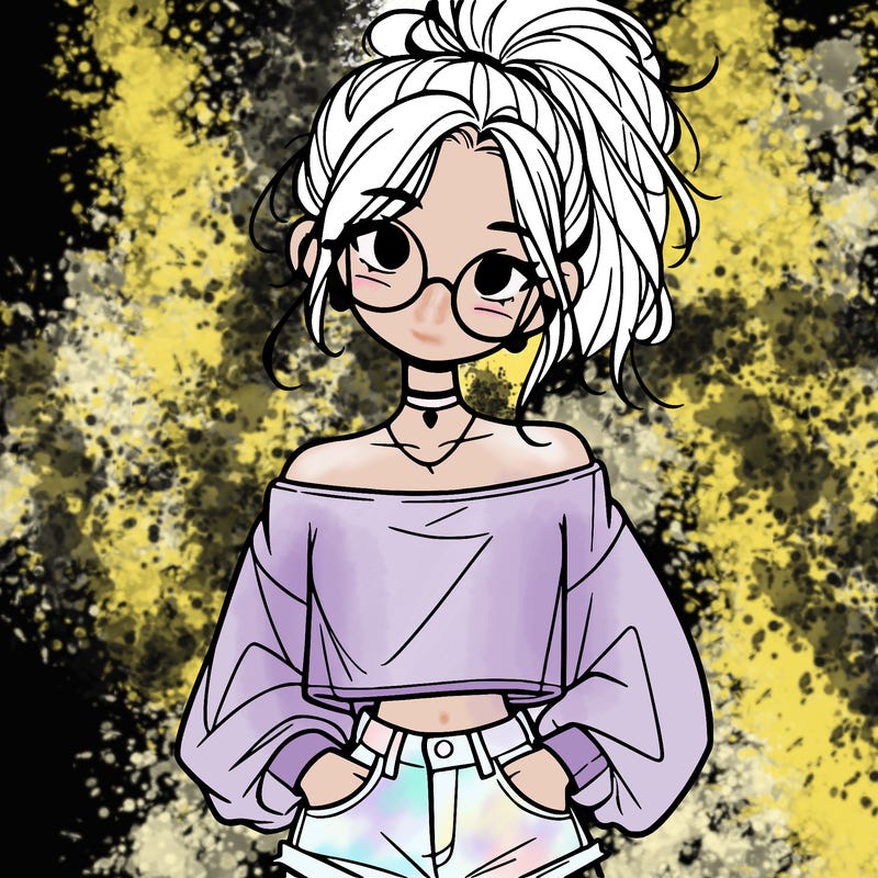 girl with a messy ponytail glasses a baggy crop top and jean shorts