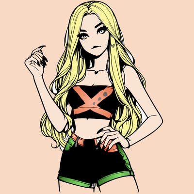 realistic pretty girl with long nails and wearing shorts and a crop top