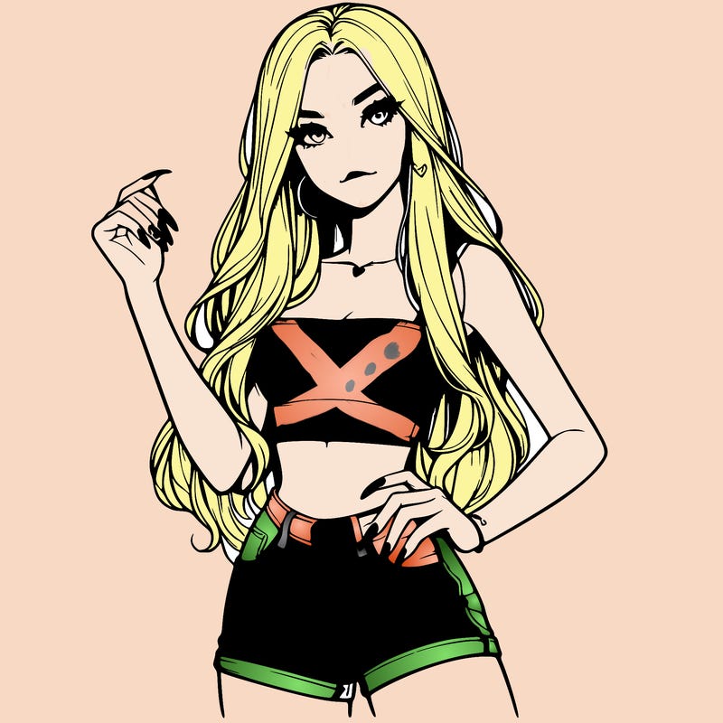 realistic pretty girl with long nails and wearing shorts and a crop top