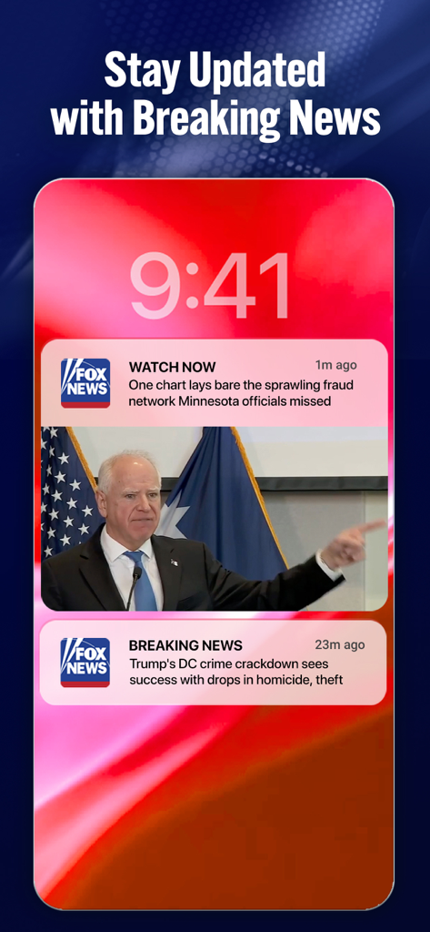 Pantalla de bloqueo de un smartphone mostrando notificaciones push de la aplicación Fox News y alertas de noticias de última hora.