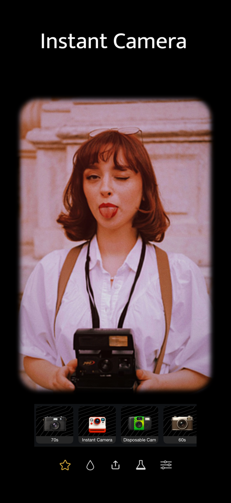 Vintage Camera: Analog Film - Vintage Camera app interface showing the Instant Camera filter applied to a portrait