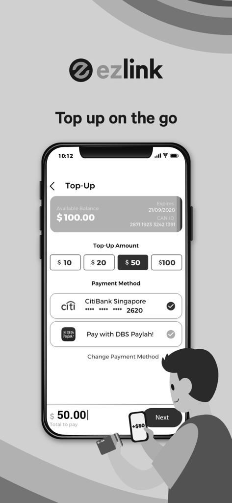 Mobile app interface showing options to top up an EZ-Link transit card with different amounts and payment methods.