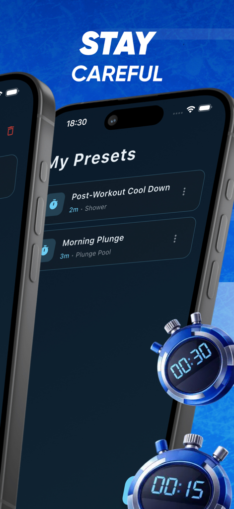 IceTimer: Cold Bath - Mobile app interface showing cold therapy timer presets for morning plunge and post-workout routines