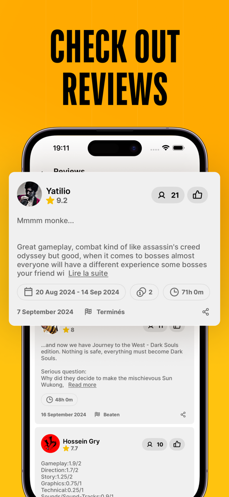 A mobile interface for the Stash app displaying user video game reviews with star ratings and gameplay comments on a yellow background.