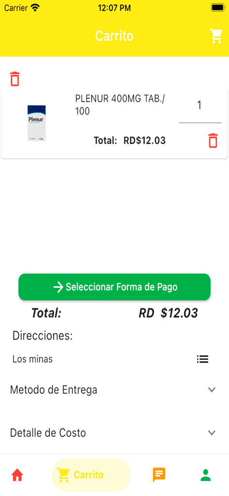 Shopping cart screen of the Farmacias El Sol app showing medication details and payment options.