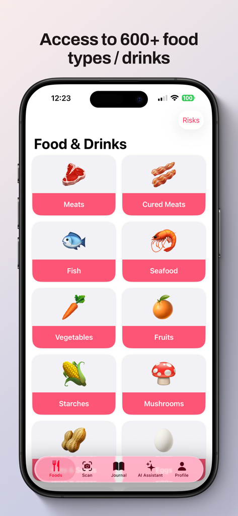 MomEats - Pregnancy Food Safe - MomEats app screen displaying various food and drink categories for pregnancy safety