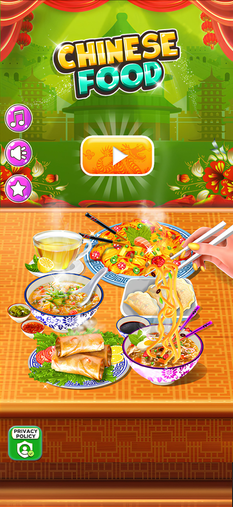 Chinese Food - Cooking Game - Main menu screen of Chinese Food Cooking Game featuring a variety of dishes like noodles dumplings and spring rolls