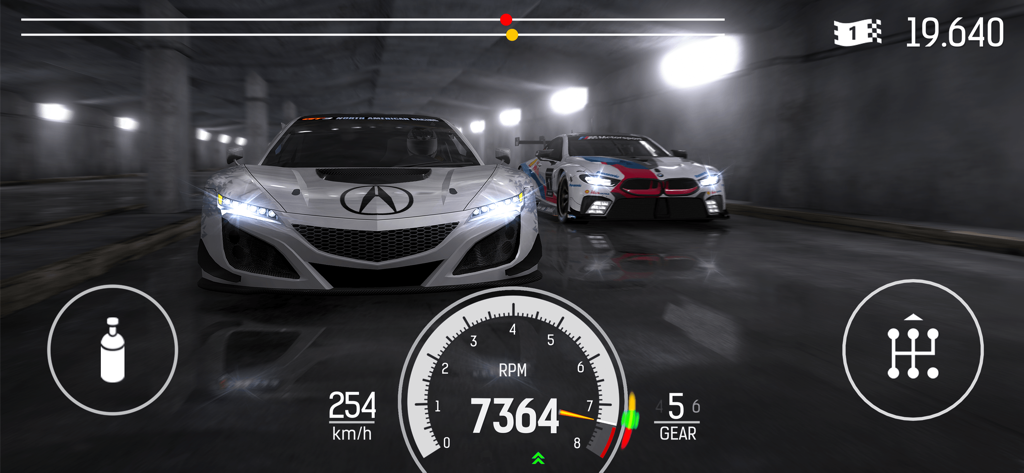 Nitro Nation: Drag Racing - Gameplay screenshot of a drag race between an Acura and a BMW in an underground tunnel featuring a technical HUD and speedometer