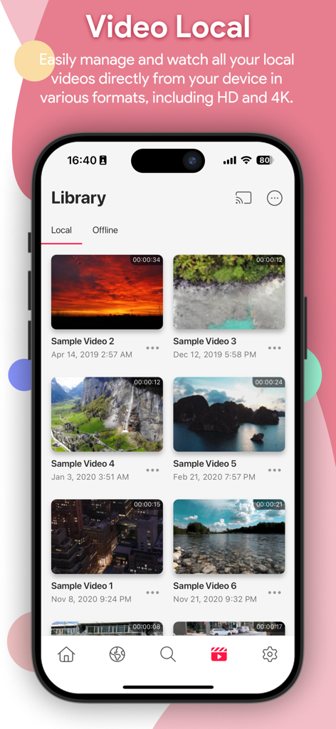 aPlayer - Video Play, Web Cast - Interface of aPlayer showing a local video library with thumbnails and offline file management on iPhone