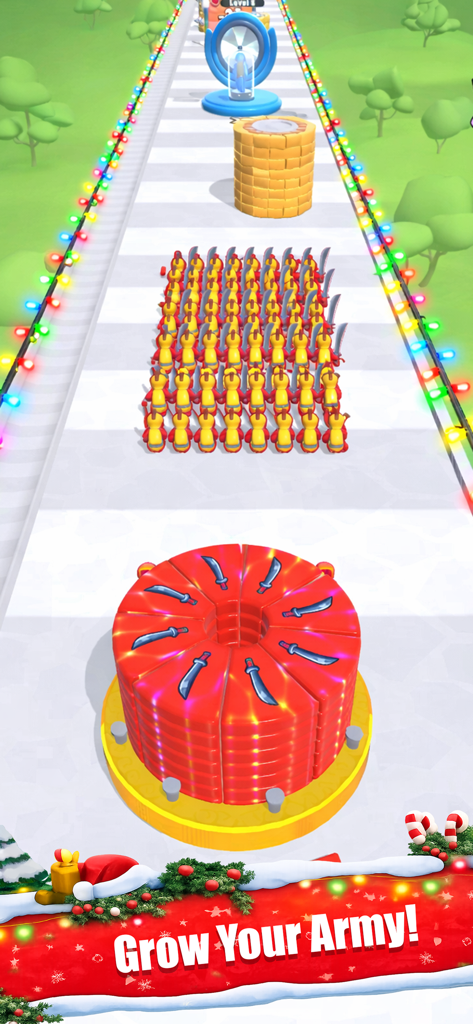 Human Fortune - Gameplay screenshot of Human Fortune showing an army of characters on a path with a spin wheel mechanic