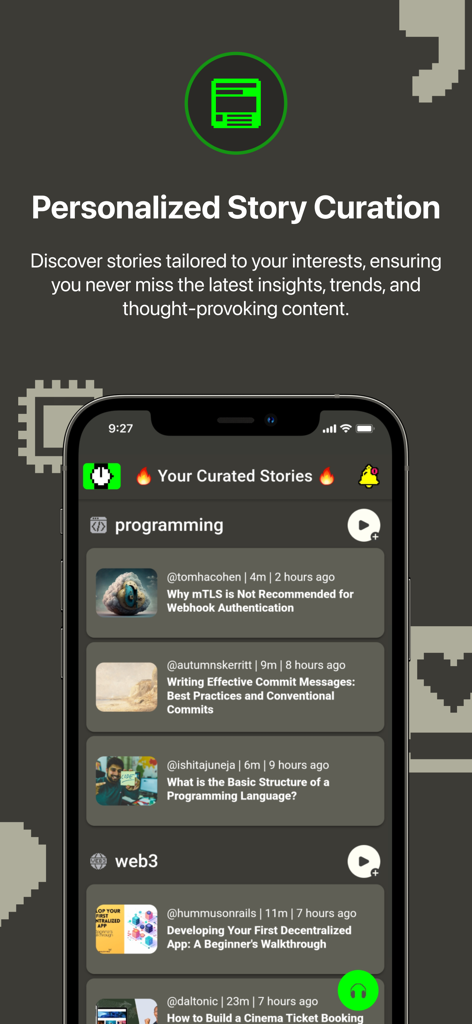 HackerNoon app screen displaying a curated list of personalized tech stories and programming articles