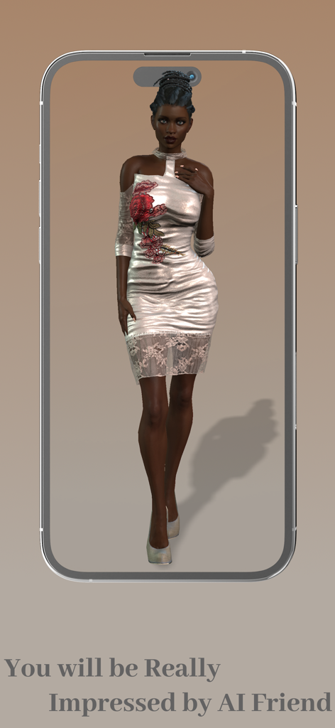 A 3D female AI character in a white dress on a smartphone screen