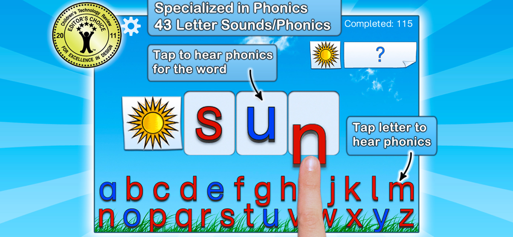 Montessori Crosswords for Kids - Child using a movable alphabet to spell the word sun in an educational phonics app for kids