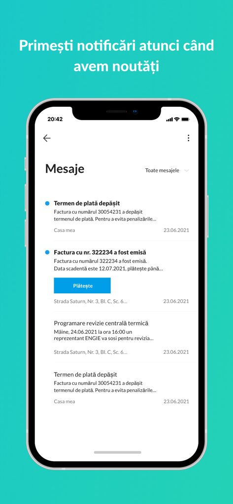 MyENGIE app message center showing utility bill notifications and service appointments