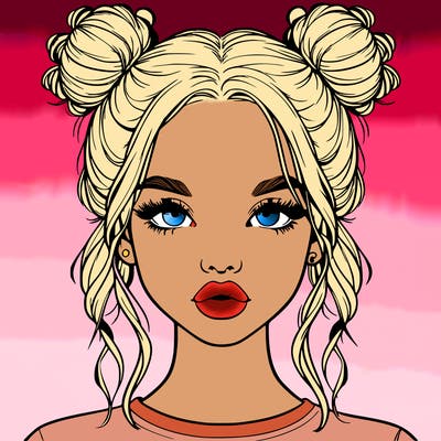 realistic girl with two buns in hair and lips