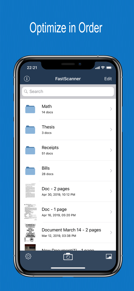 Fast Scanner app showing folders for math, thesis, and receipts for document organization.