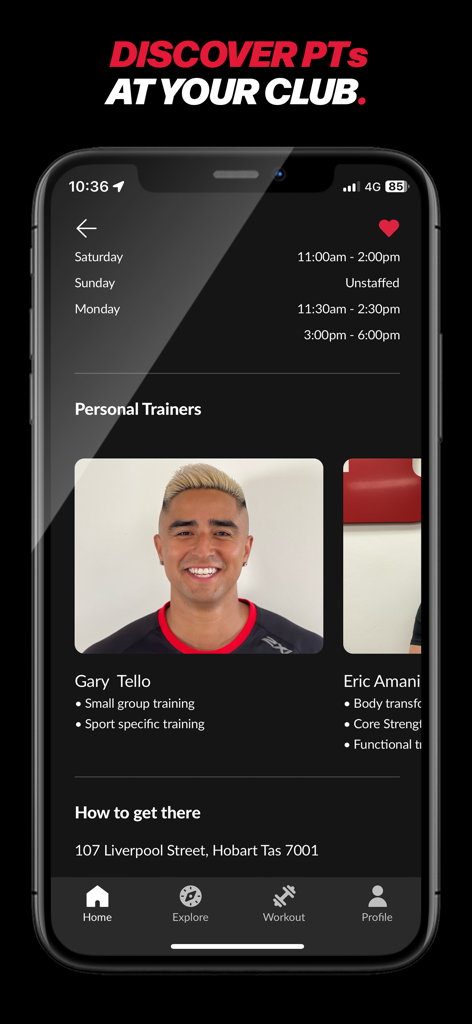 Zap Fitness - Zap Fitnessアプリのインターフェース。パーソナルトレーナーのプロフィールとジムの営業時間を示しています。