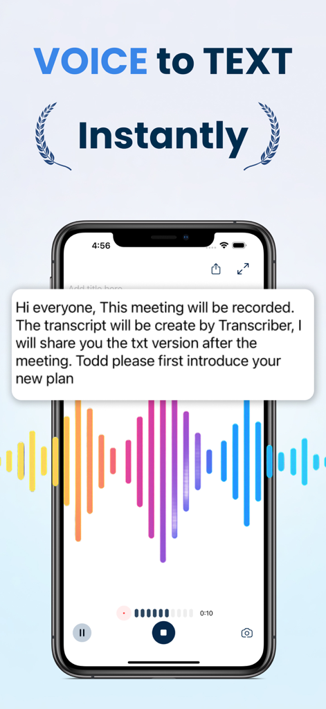 Un iPhone mostrando la interfaz de la aplicación Transcriptor con conversión de voz a texto en vivo y una onda de audio colorida