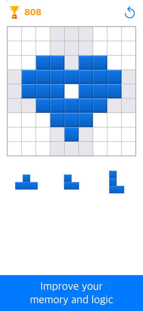 Math Games - Mental Arithmetic - Una captura de pantalla de un juego de rompecabezas de lógica en la aplicación Math Games donde bloques azules forman una figura de corazón
