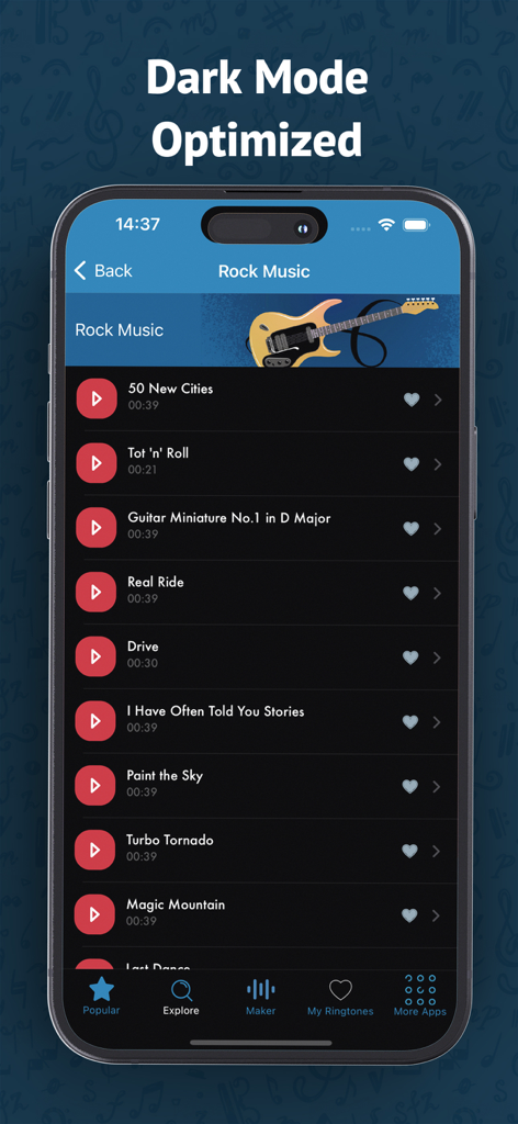Dark mode interface of the Best Ringtones 2026 app showing a list of rock songs