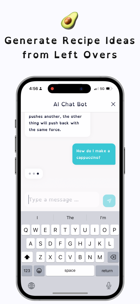 Dyslexia Font - AI Tutor & Pal - A smartphone screen showing an AI chat bot with a dyslexia friendly keyboard and the headline Generate Recipe Ideas from Left Overs.