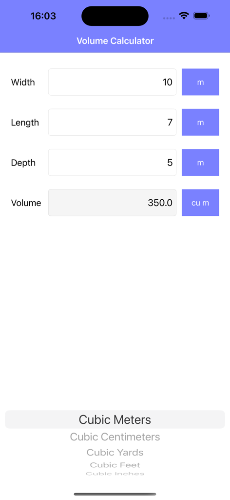 Volume Calculator Pro - Interfaz de la aplicación móvil Calculadora de Volumen Pro mostrando el cálculo de volumen para ancho, largo y profundidad en metros