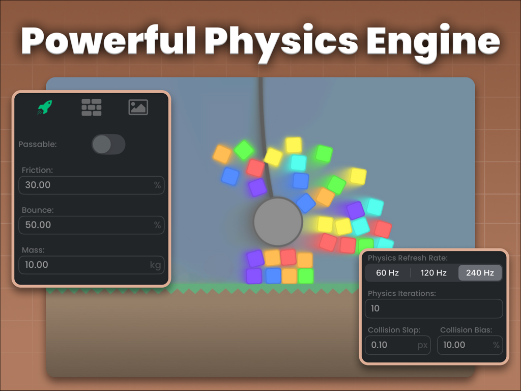 hyperPad Visual Coding on iPad - Capture d'écran de l'interface du moteur physique hyperPad montrant les paramètres ajustables de friction, de rebond et de masse.