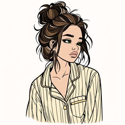 realistic woman with pajamas on and a messy bun