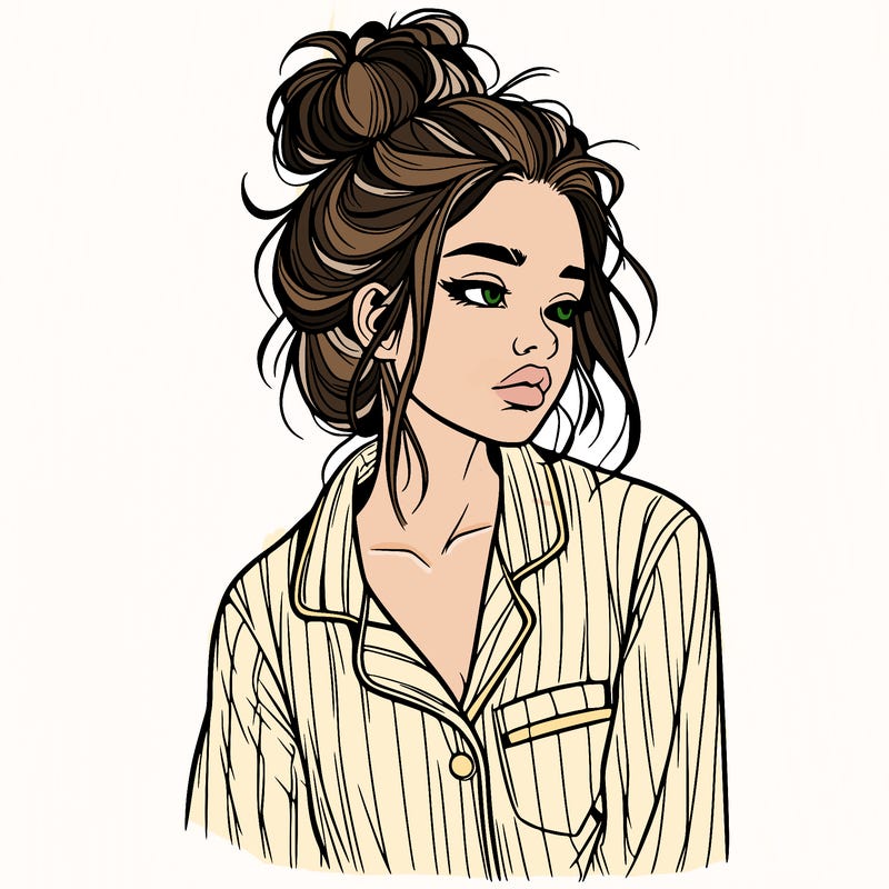 realistic woman with pajamas on and a messy bun
