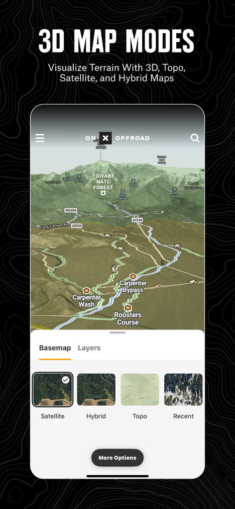 onX Offroad app screen showing 3D terrain visualization with trail overlays and map layer selection