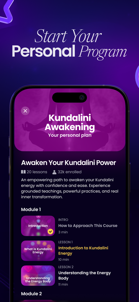 Interfaz de la aplicación Spirio mostrando el programa personal de Despertar de Kundalini y la lista de lecciones