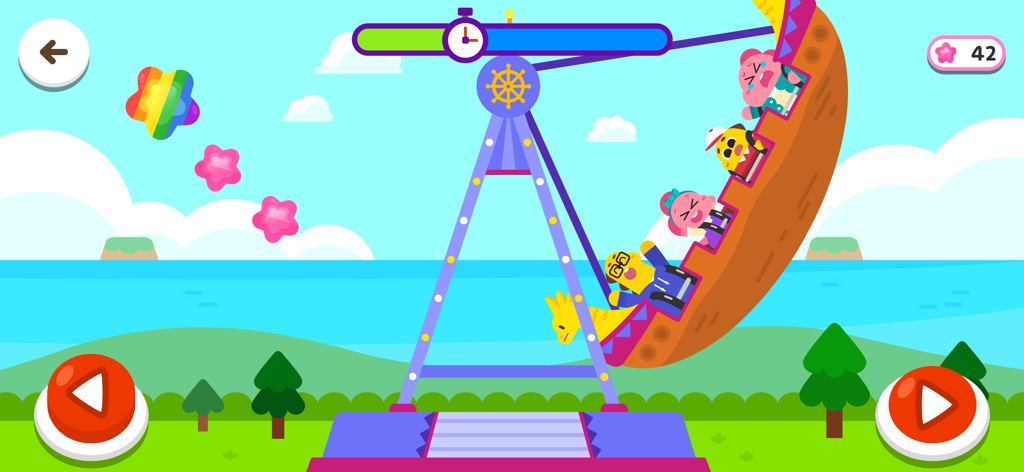 Cocobi Theme Park - Fun game - Personnages de dinosaures sur un bateau à balançoires dans un parc d'attractions