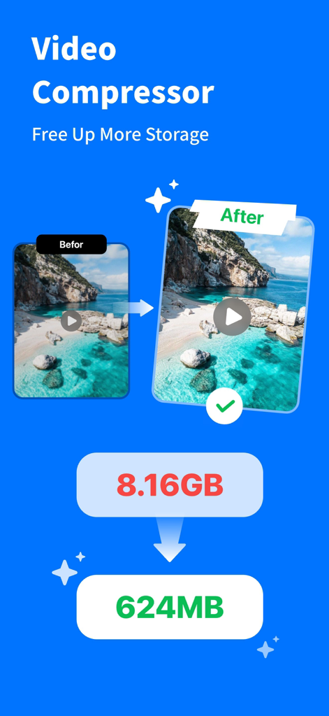 Video Compressor - Compress . - Comparison of video size reduction from 8GB to 624MB to free up storage