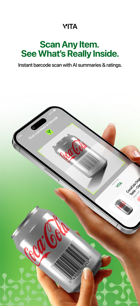 Vita Health - Product Scanner - Smartphone using Vita Health app to scan a product barcode for health insights