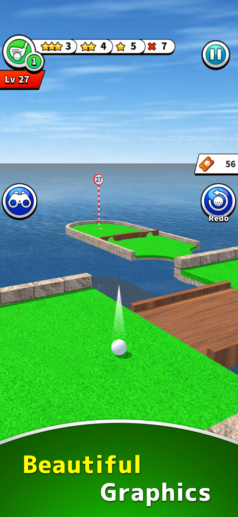 Gameplay of Mini Golf 1000 showing a 3D course on level 27 with a golf ball aimed towards the hole.