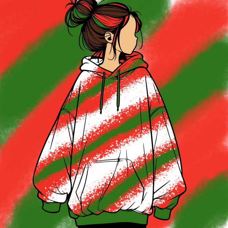 realistic girl with a oversized sweatshirt on and a bun