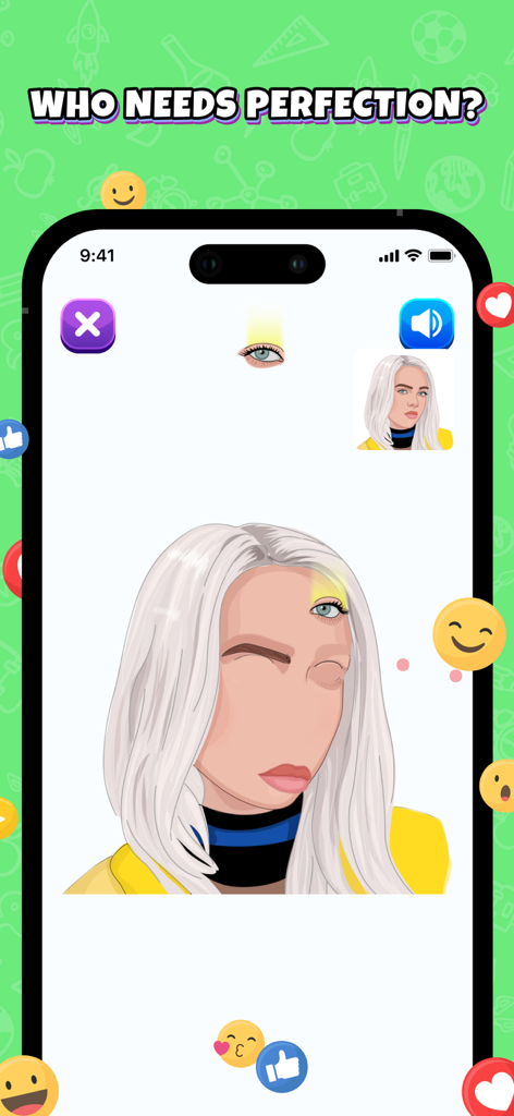 Gameplay of Face Mash app showing a funny facial feature puzzle with a character resembling a celebrity.