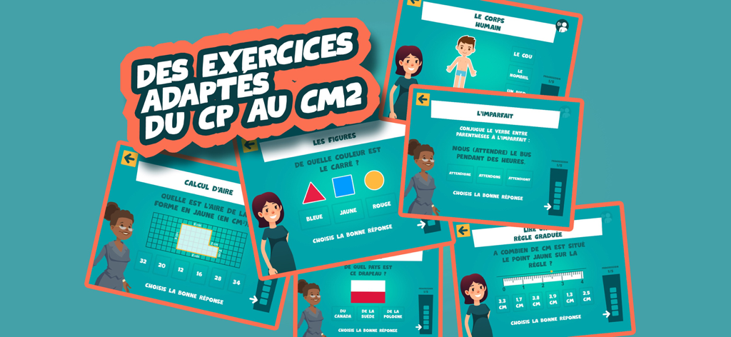 Various educational exercises from the EduKids Ecole Primaire app covering topics like math grammar and geography for grades CP to CM2